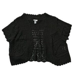 Vanity Black Knit Cropped Cardigan Shrug Short Sleeve Open Front L